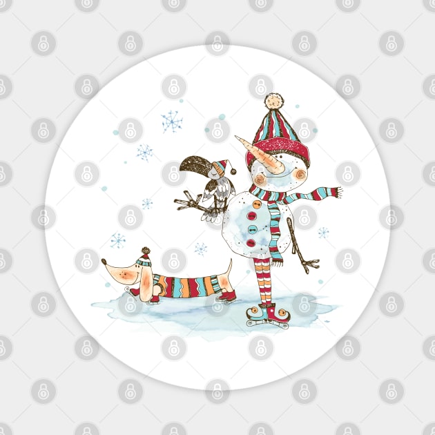 Watercolor Snowman and Dachshund Magnet by HolidayBug